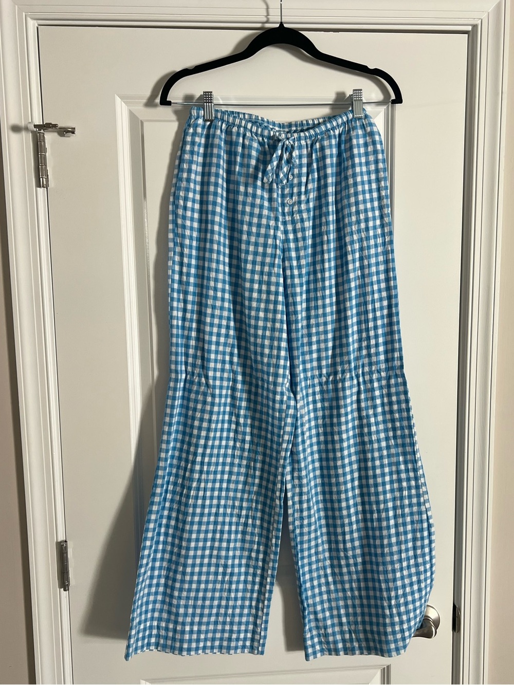 Blue Gingham Wide-Leg Pants